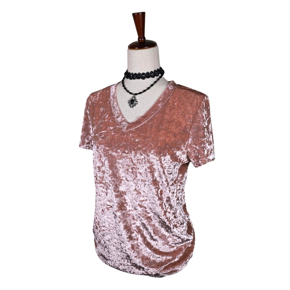 Pol Crushed Velvet V Neck Top Size L Pink Boho Whimsigoth Fairy Barbiecore Basic - Picture 2 of 11